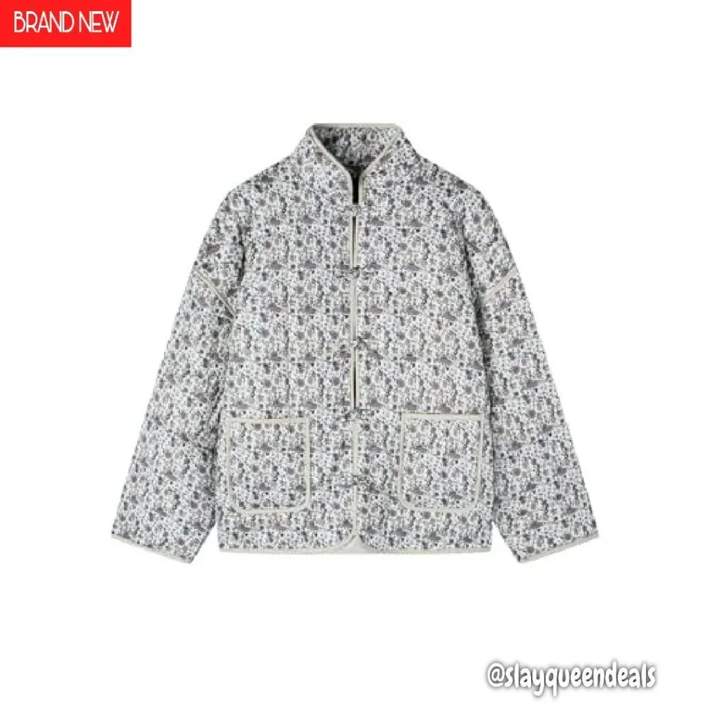 Quilted Puffer Jacket Lightweight Cropped Button Down with Pockets - Picture 2 of 7